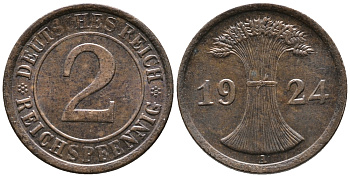 ГЕРМАНИЯ 2 РЕЙХСПФЕННИГА 1924 A KM 38, J. 314 бронза 24-723
