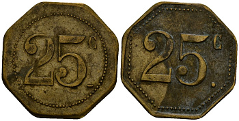 Франция 25 сантимов XIX-XX век ресторанный жетон латунь 4166-551
