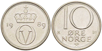 НОРВЕГИЯ 10 ЭРЕ 1989 УЛАФ V (1957-1991) KM 416 медно-никель 211-1215