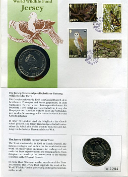 Джерси 2 фунта 1987 серия 25 лет защиты окружающей среды, голуби, МОНЕТА В КОНВЕРТЕ С МАРКОЙ KM 70 медно-никель UNC 966-18