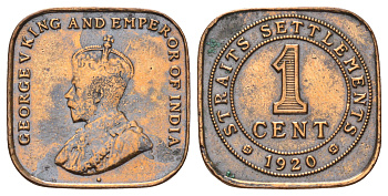 Стрейтс-Сетлментс (Стрейтс Сетлментс) 1 цент 1920 Георг V (1910-1936) KM 32 бронза 4126-517