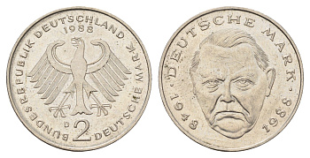 ФРГ 2 марки 1988 D, Людвиг Эрхард, 40 лет Федеративной Республике (1948-1988) KM 170, J. 445 медно-никель 3459-1015