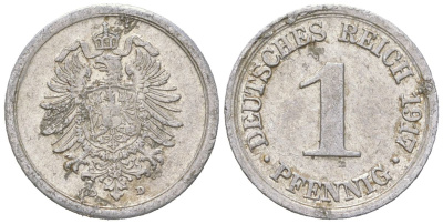 Германия 1 пфенниг 1917 D KM 24, J. 300, Weege 2 алюминий 201-1243