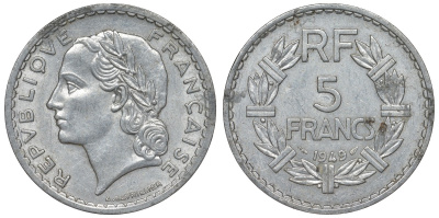 Франция 5 франков 1949 closed 9 KM 888b.1, Le Franc 339.17 алюминий 4123-536