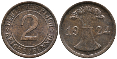 ГЕРМАНИЯ 2 РЕЙХСПФЕННИГА 1924 A KM 38, J. 314 бронза 24-723