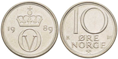 НОРВЕГИЯ 10 ЭРЕ 1989 УЛАФ V (1957-1991) KM 416 медно-никель 211-1215