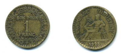 ФРАНЦИЯ 1 ФРАНК 1925 KM 876 алюминиевая бронза 84-425