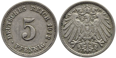 ГЕРМАНИЯ 5 ПФЕННИГОВ 1912 F KM 11, Jager 12, Weege 6 медно-никель 4547-531