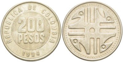 КОЛУМБИЯ 200 ПЕСО 1994 KM 287 медь никель цинк 213-743
