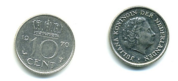 Нидерланды 10 центов 1970 Юлиана (1948-1980) KM 182 никель 76-345