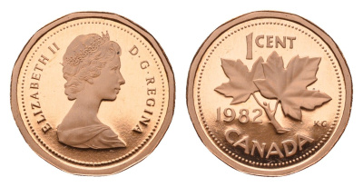 Канада 1 цент 1982 Елизавета II (1952-2022), кленовый лист KM 132 бронза PROOF 413-2944