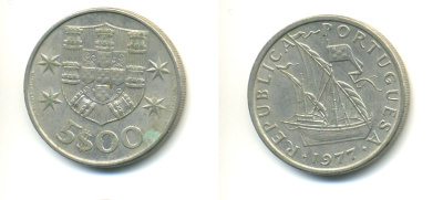 ПОРТУГАЛИЯ 5 ЭСКУДО 1977 ПАРУСНИК KM 591 медно-никель 176-245