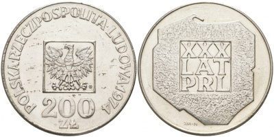 Польша 200 злотых 1974 MW, 30 лет Народной Республике KM 72, Parchimowicz 304а серебро 69-335