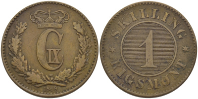 ДАНИЯ 1 СКИЛЛИНГ 1869 КРИСТИАН IX (1863-1906) KM 774 бронза 100-338
