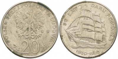 Польша 20 злотых 1980 MW, 50 лет фрегату «Дары Поморца» KM 112, Parchimowicz 253 медно-никель 3457-521