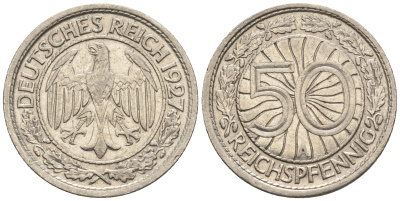 Германия 50 рейхспфеннигов 1927 A KM 49, J. 324 никель 60-1141