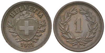 Швейцария 1 раппен 1921 B KM 3 бронза 4617-368