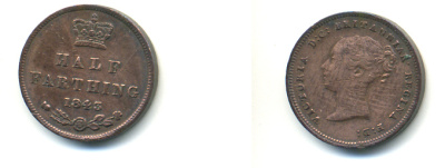 Великобритания 1/2 фартинга 1843 Виктория (1837-1901) KM 738, Spink 3951 медь 83-431