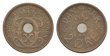 Дания 2 эре 1928 N, Кристиан X (1912-1947) KM 827 бронза 4639-736