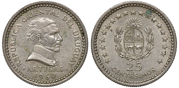 Уругвай 25 сентесимо 1960 KM 40 медно-никель 4169-933