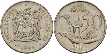 ЮАР 50 центов 1980 Зантедеския Эллиота (калла), герб KM 87 никель 32-1133