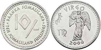 Сомалиленд 10 шиллингов 2006 СЕРИЯ ЗНАКИ ЗОДИАКА, ДЕВА KM NEW никелированная сталь UNC 540-835