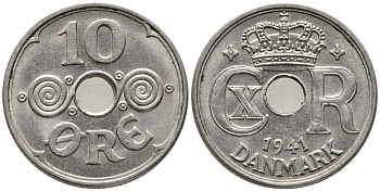 ДАНИЯ 10 ЭРЕ 1941 N; GJ, КРИСТИАН X (1912-1947) KM 822.2 медно-никель 100-723