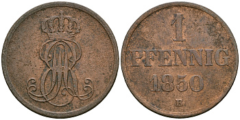 Ганновер 1 пфенниг 1850 B, Эрнст Август (1837-1851) KM 201.1, AKS 129, J. 74 медь 4608-1056
