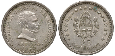Уругвай 25 сентесимо 1960 KM 40 медно-никель 4169-933