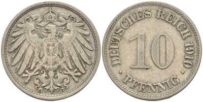 ГЕРМАНИЯ 10 ПФЕННИГОВ 1910 G KM 12, J. 13 медно-никель 31-1115