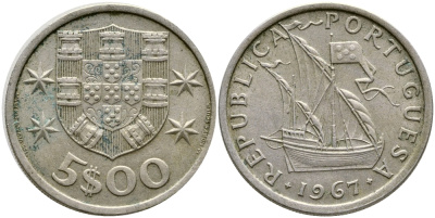 ПОРТУГАЛИЯ 5 ЭСКУДО 1967 ПАРУСНИК KM 591 медно-никель 4388-511