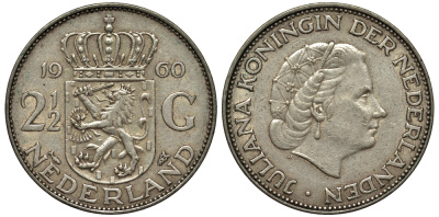 Нидерланды 2 1/2 гульдена 1960 Юлиана (1948-1980) KM 185 серебро 443-1121