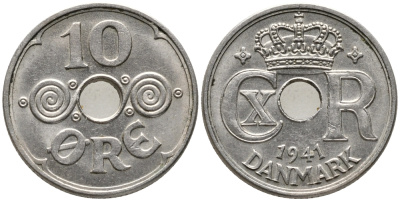 ДАНИЯ 10 ЭРЕ 1941 N; GJ, КРИСТИАН X (1912-1947) KM 822.2 медно-никель 100-723