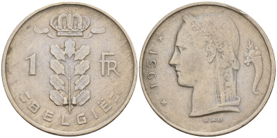 Бельгия 1 франк 1951 Belgie KM 143.1 медно-никель    4187-121