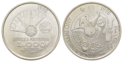 Португалия 1000 эскудо 1998 Международный год океанов на Экспо'98 KM 707 серебро BU 1088-1-21