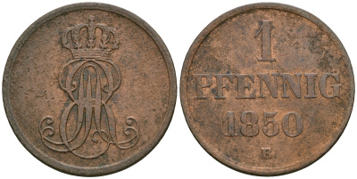 Ганновер 1 пфенниг 1850 B, Эрнст Август (1837-1851) KM 201.1, AKS 129, J. 74 медь 4608-1056