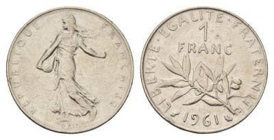 Франция 1 франк 1961 KM 925 никель 186-237