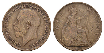 Великобритания 1 пенни 1916 Георг V (1910-1936) KM 810, Spink 4051 бронза 4692-1146