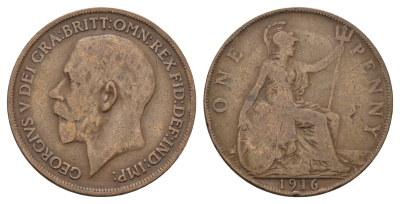 Великобритания 1 пенни 1916 Георг V (1910-1936) KM 810, Spink 4051 бронза 4692-1146