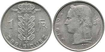 БЕЛЬГИЯ 1 ФРАНК 1980 BELGIQUE KM 142.1 медно-никель 65-1134