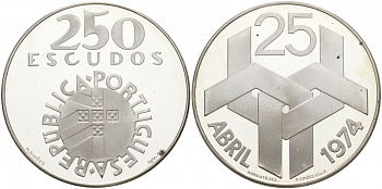 Португалия 250 эскудо 1976 Революция гвоздик 25 апреля 1974 года KM 604 a серебро PROOF 1088-9-51