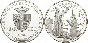 Андорра 10 динеров 1996 папа Лев III коронует Карла Великого, ECU KM 121 серебро PROOF 11-073-12