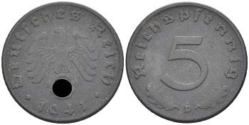ГЕРМАНИЯ 5 РЕЙХСПФЕННИГОВ 1941 D KM 100, J. 370 цинк 105-252