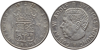 Швеция 1 крона 1973 Густав VI Адольф (1950-1973) KM 826а медь плакированная медно-никелем 4395-234