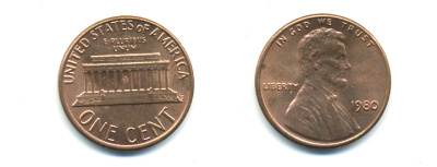 США 1 цент 1980 Авраам Линкольн KM 201 медь цинк UNC 179-347