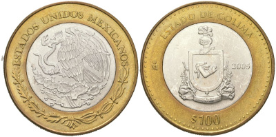 Мексика 100 песо 2005 180 лет Федерации - Колима KM 729 биметалл, серебро BU 00-1067-7-41