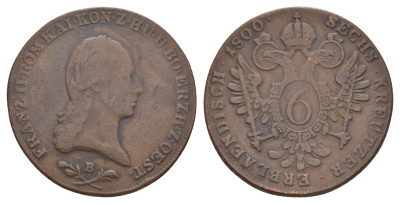 Австрия 6 крейцеров 1800 B, Франц II (1792-1835) KM 2128 медь 4653-635