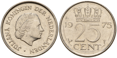 Нидерланды 25 центов 1975 Юлиана (1949-1980) KM 183 никель    4598-514