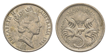 Австралия 5 центов 1988 Елизавета II (1952-2022), ехидна KM 80 медно-никель 4152-1155