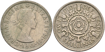 Великобритания 2 шиллинга (флорин) 1955 Елизавета II (1952-2022) KM 906, Spink 4146 медно-никель 4117-1023